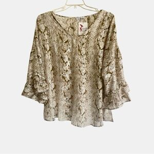 Perfectly Priscilla Snake Print Blouse Soft Ruffle Sleeves Loose Sz 3XL